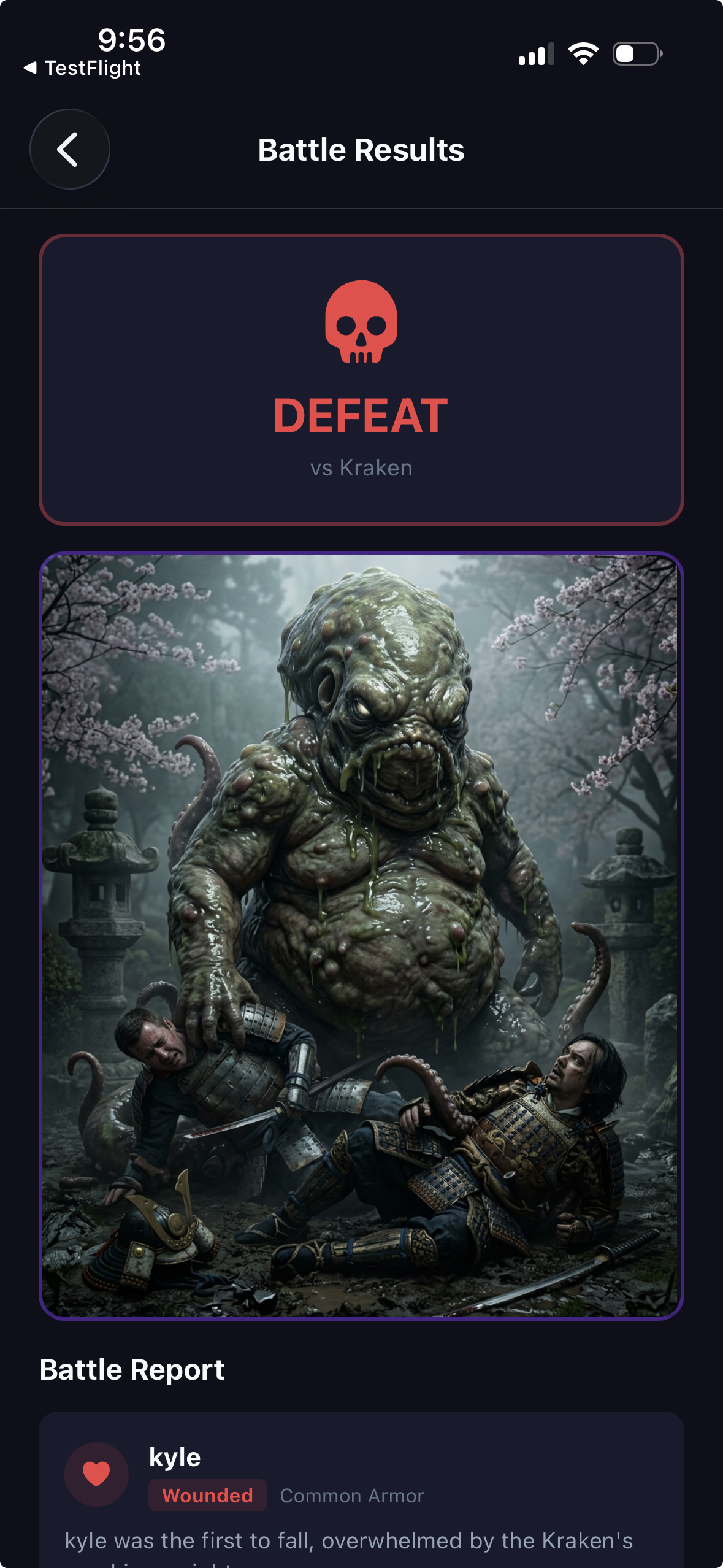 Battle results screen showing defeat against Kraken