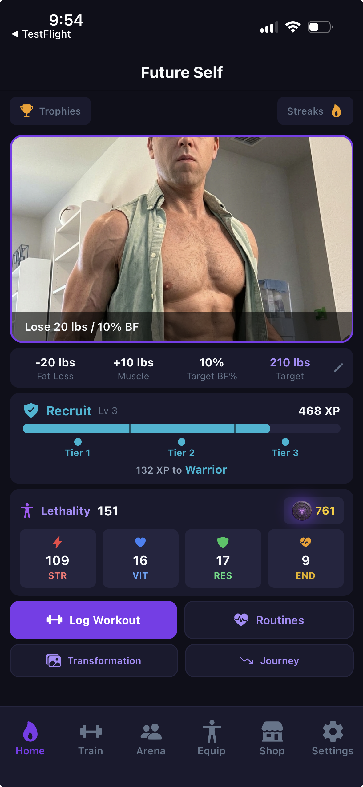Departure home screen showing Future Self, XP progression, and warrior stats