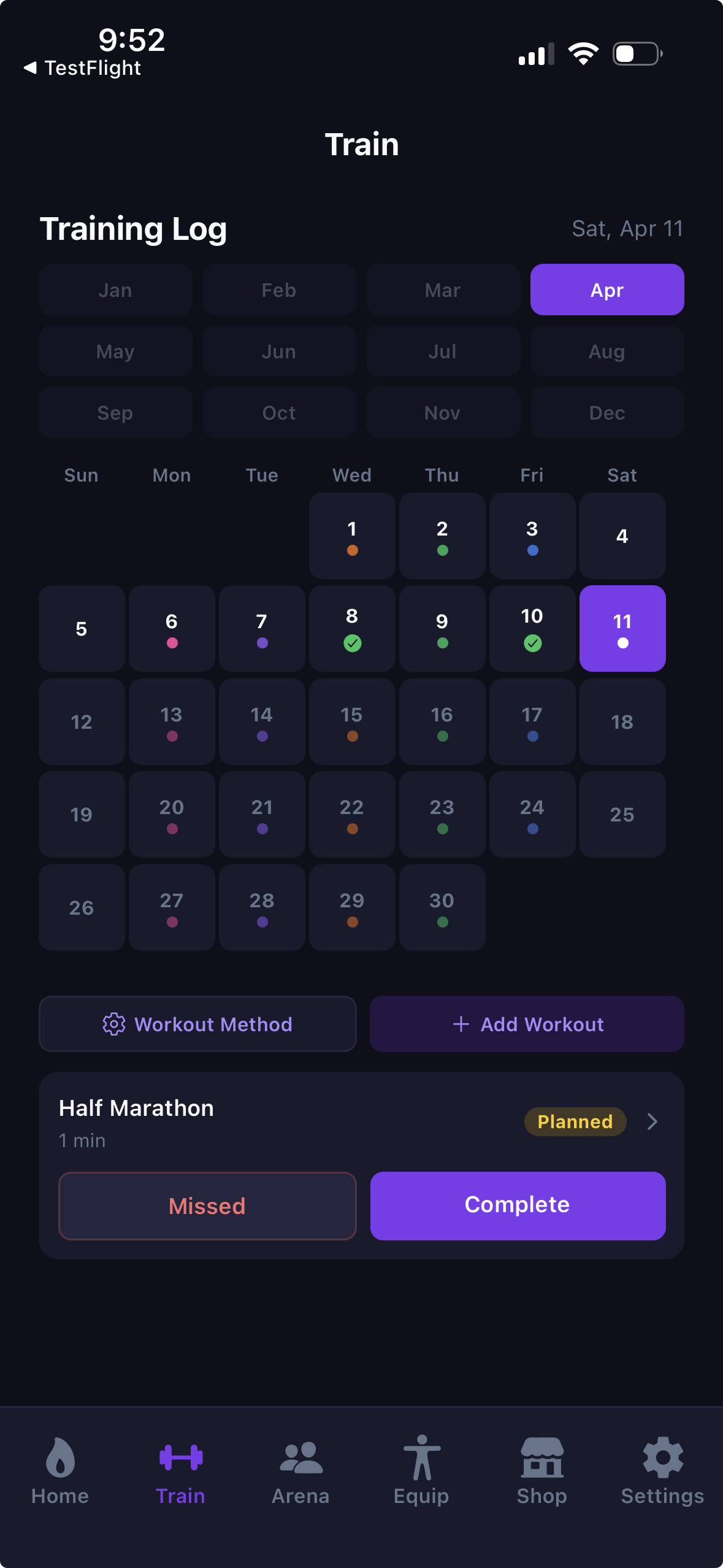 Training calendar and workout log