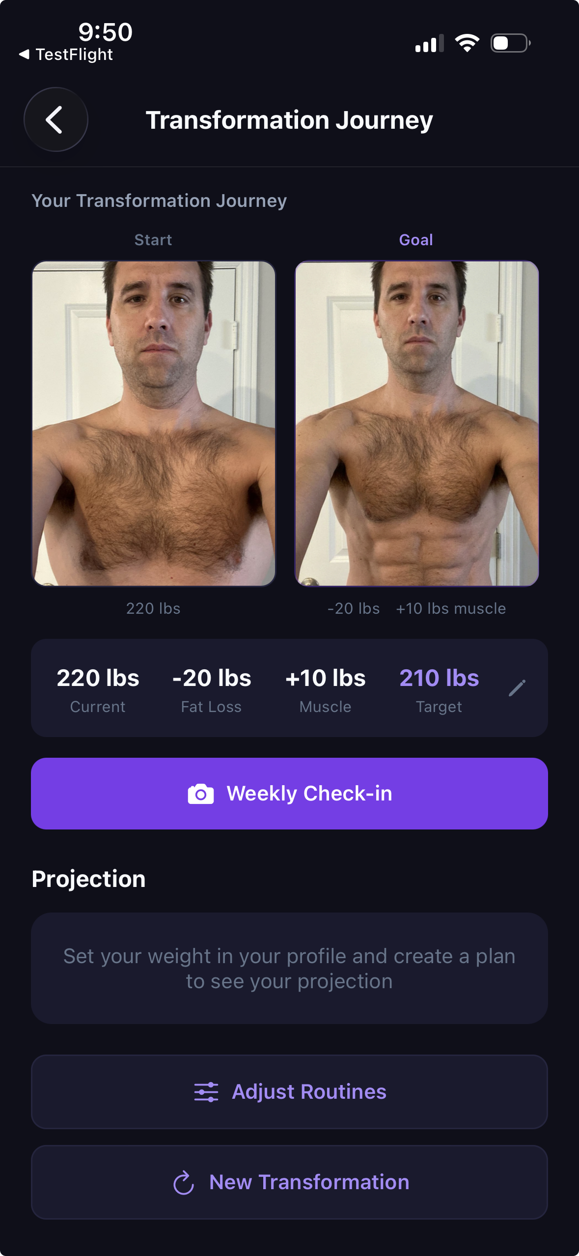 AI-powered body transformation showing current and projected physique
