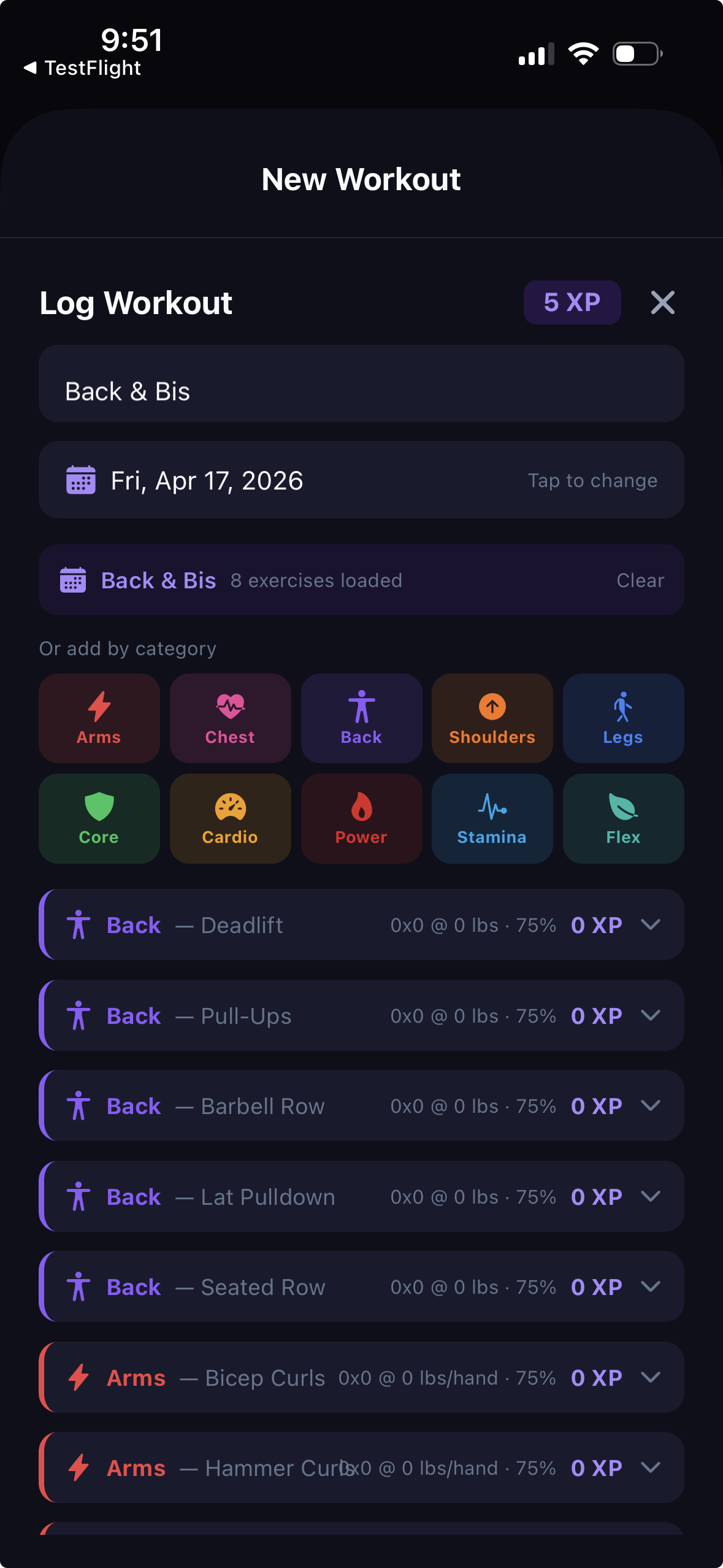 Workout entry with exercises